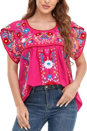 YZXDORWJ Women's Summer Boho Embroidery Mexican Bohemian Tops Shirt Tunic