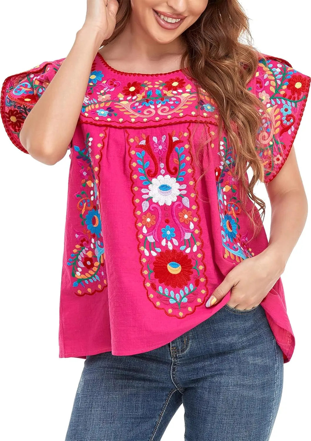 YZXDORWJ Women's Summer Boho Embroidery Mexican Bohemian Tops Shirt Tunic