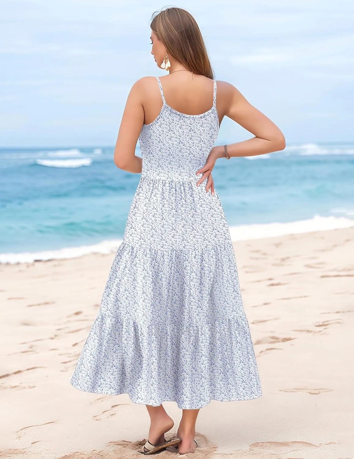 Zeagoo Womens Summer Long Dress Adjustable Spaghetti Strap Floral Casual Dress with Pockets Flowy Tiered Beach Sundress