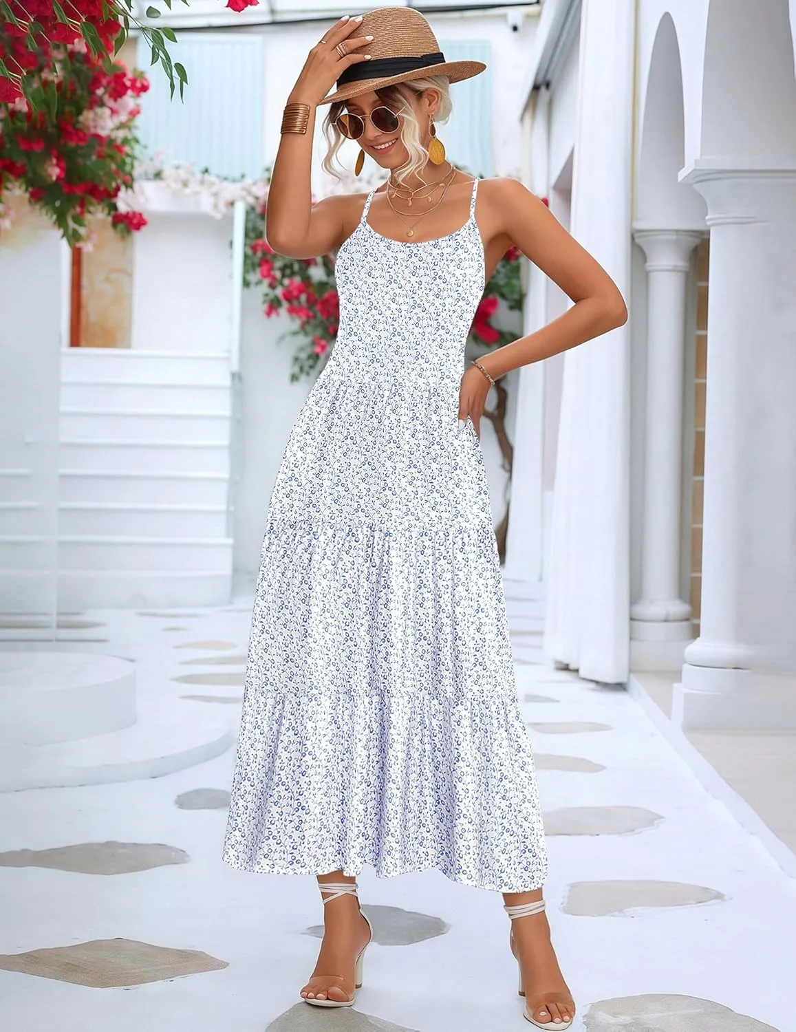 Zeagoo Womens Summer Long Dress Adjustable Spaghetti Strap Floral Casual Dress with Pockets Flowy Tiered Beach Sundress