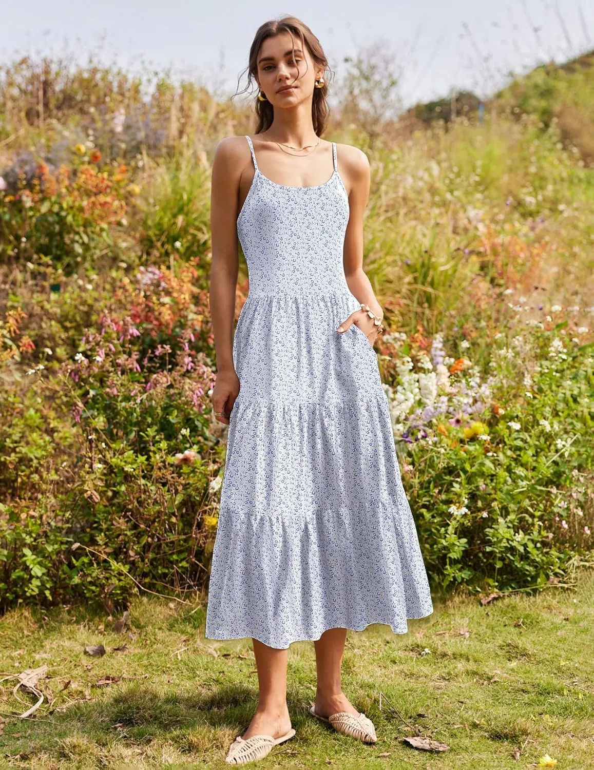 Zeagoo Womens Summer Long Dress Adjustable Spaghetti Strap Floral Casual Dress with Pockets Flowy Tiered Beach Sundress