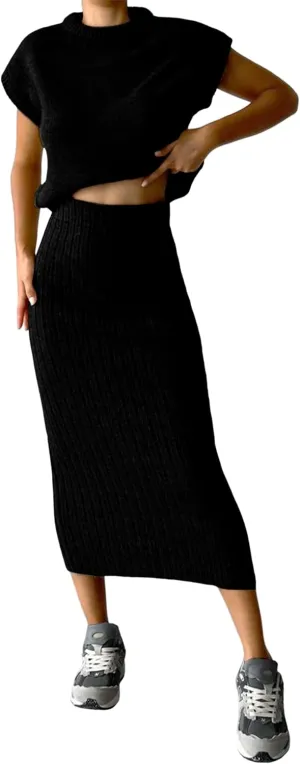 Zhiyouni Women's 2 Piece Sweater Sets Outfits Knit Vest Pullover Bodycon Maxi Skirts Loungewear