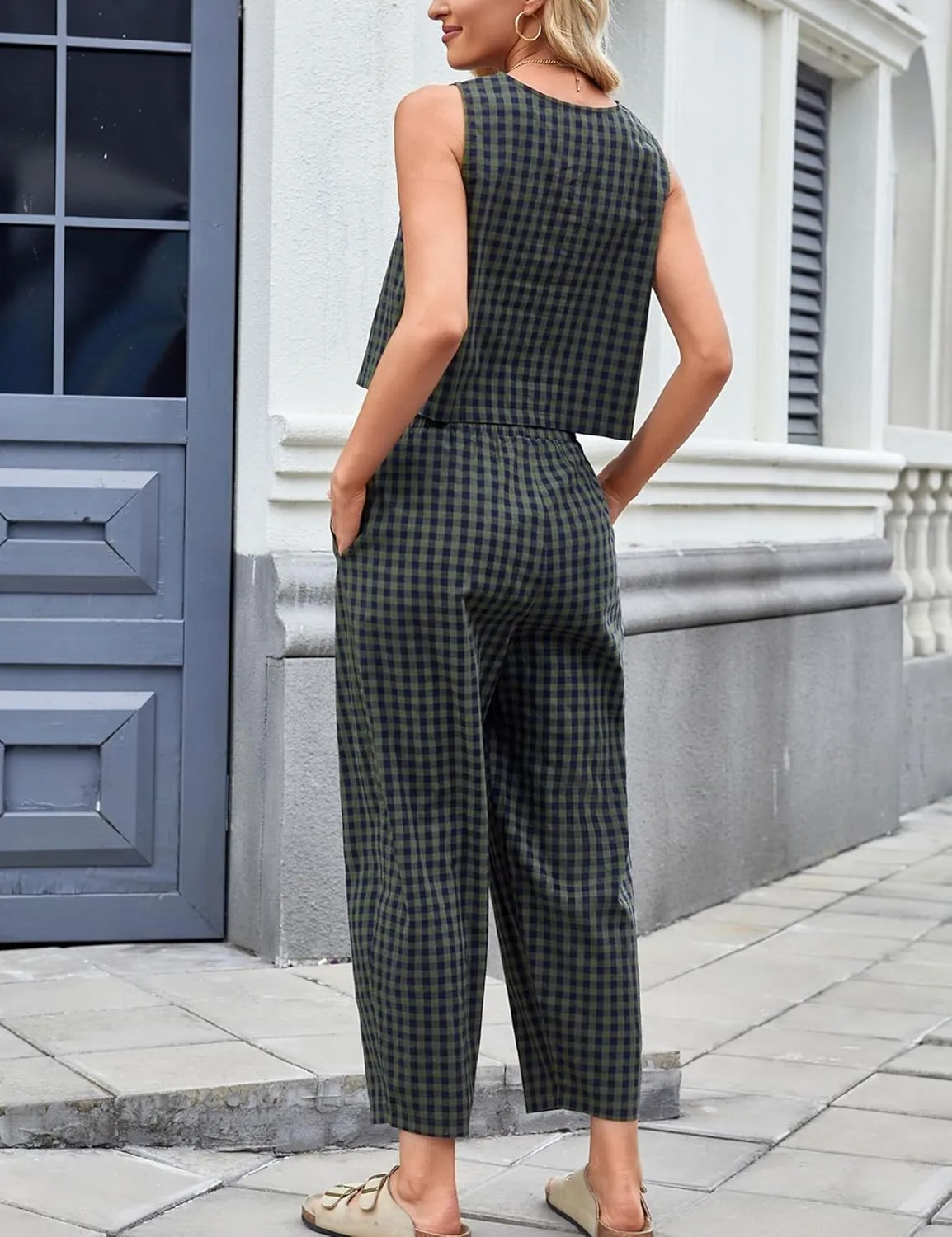 Zontroldy Women's Summer Casual Two Piece Outfits Gingham Crop Tank Tops with Long Pants Tracksuits