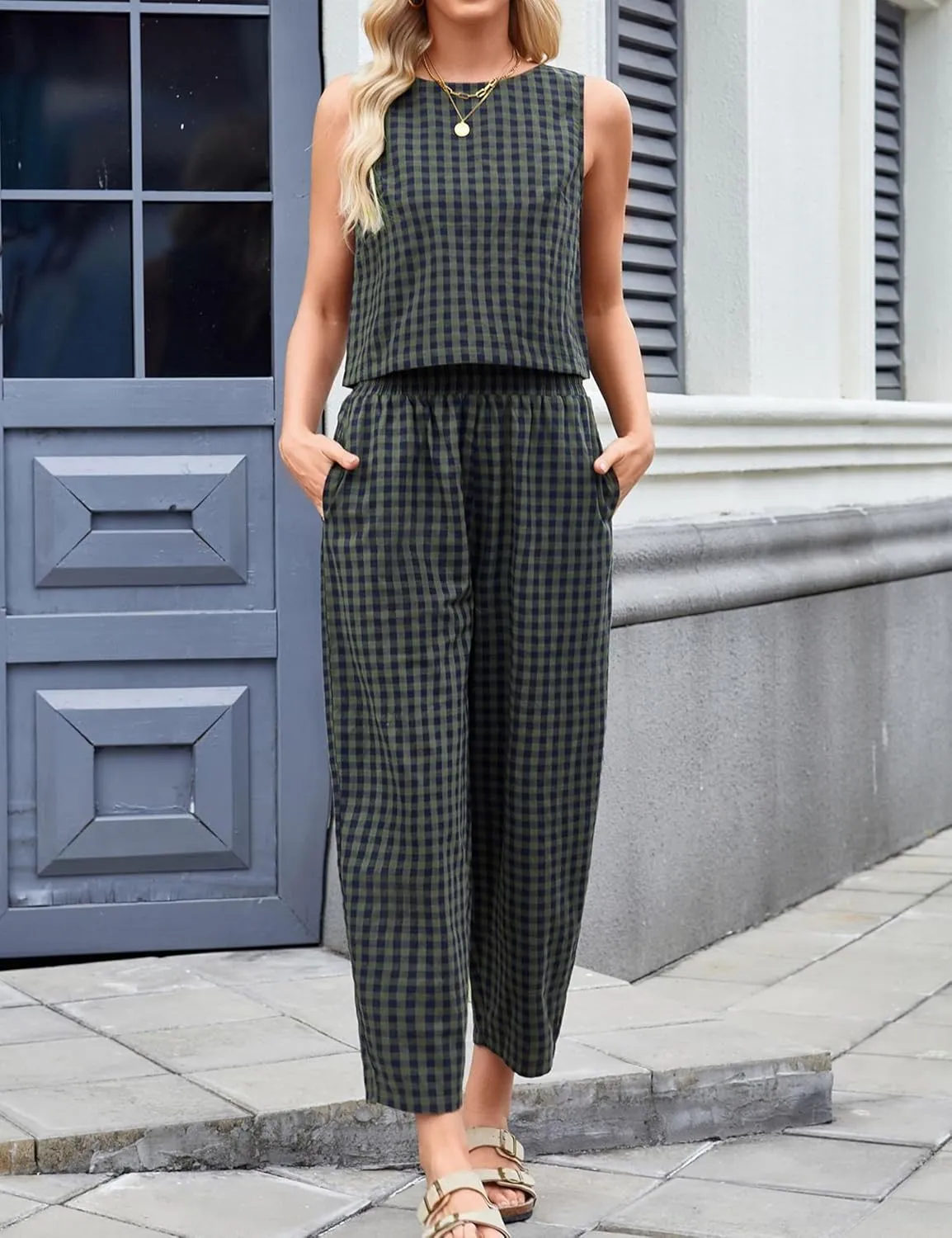 Zontroldy Women's Summer Casual Two Piece Outfits Gingham Crop Tank Tops with Long Pants Tracksuits