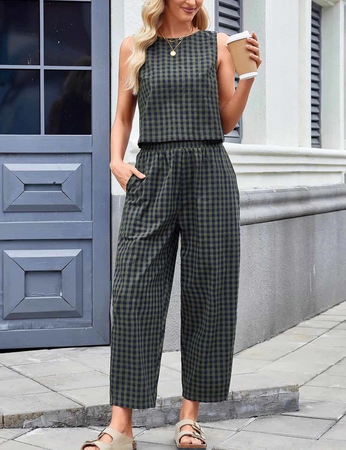 Zontroldy Women's Summer Casual Two Piece Outfits Gingham Crop Tank Tops with Long Pants Tracksuits