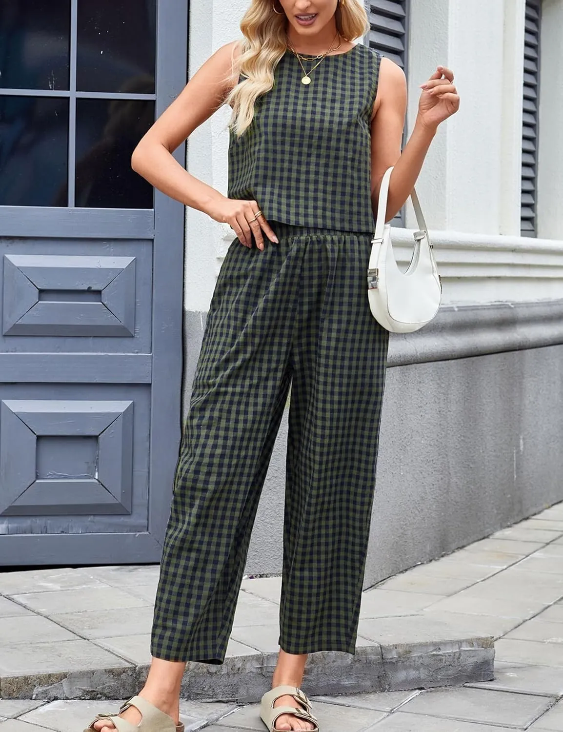 Zontroldy Women's Summer Casual Two Piece Outfits Gingham Crop Tank Tops with Long Pants Tracksuits