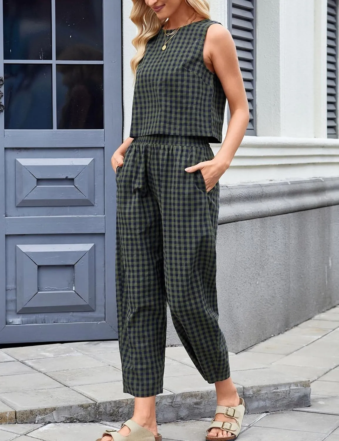 Zontroldy Women's Summer Casual Two Piece Outfits Gingham Crop Tank Tops with Long Pants Tracksuits