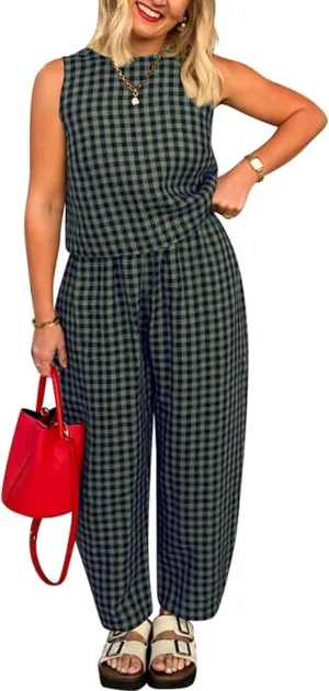 Zontroldy Women's Summer Casual Two Piece Outfits Gingham Crop Tank Tops with Long Pants Tracksuits